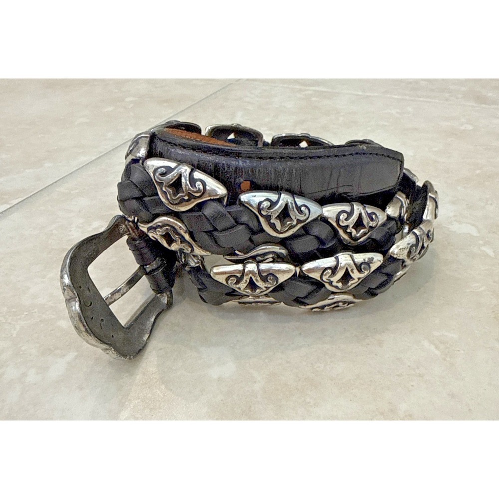 VTG Brighton Black Belt Leather Silver Plated 1996 Size L Western Boho Hippie